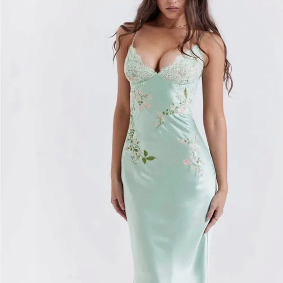 House of CB Green Satin Chemise with Floral Embroidery - Picture 5 of 5